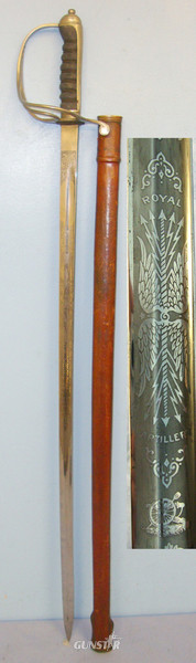 WW1 Era British WD Royal Artillery Officer’s 1821 Pattern Sword With Nickel Plated Steel Hilt & Etched Regiment Blade With King’s Crown ‘GRV’ Royal Cypher & Leather Covered Wood Field Scabbard. Sword in 
