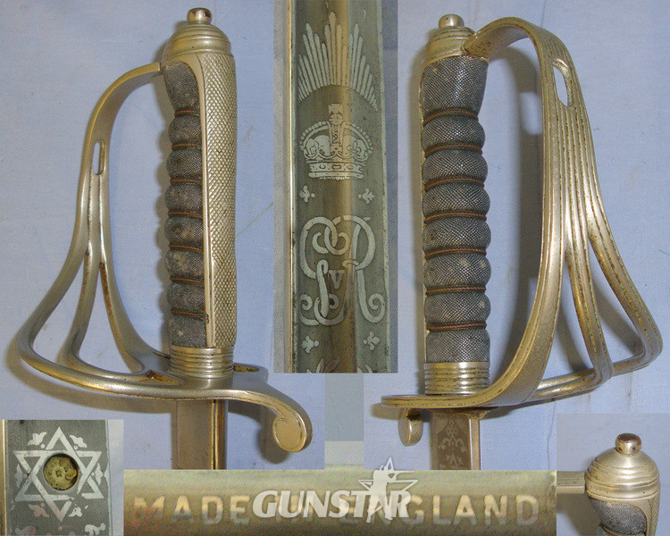 WW1 Era British WD Royal Artillery Officer’s 1821 Pattern Sword With Nickel Plated Steel Hilt & Etched Regiment Blade With King’s Crown ‘GRV’ Royal Cypher & Leather Covered Wood Field Scabbard. Sword
