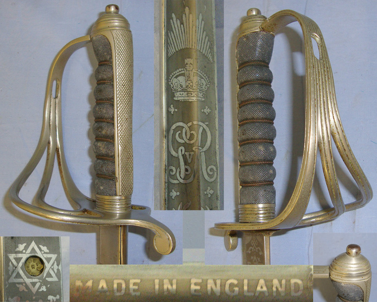 WW1 Era British WD Royal Artillery Officer’s 1821 Pattern Sword With Nickel Plated Steel Hilt & Etched Regiment Blade With King’s Crown ‘GRV’ Royal Cypher & Leather Covered Wood Field Scabbard. Sword