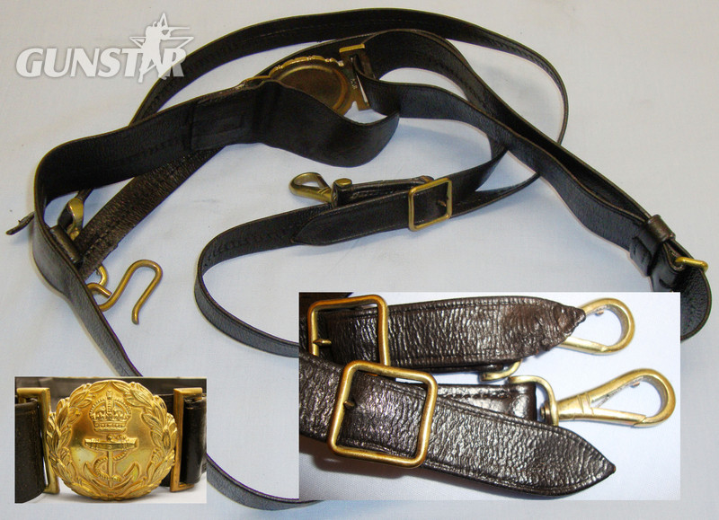 Pre 1953* British WW1/WW2 Period Royal Navy Officer\'s  Leather Belt with Sword Hangers and King\'s Crown Gilt Brass Buckle. 19966:41. Pre 1953* British WW1/WW2 Period Royal Navy Officer\'s  Leather Belt with Sword Hangers and King\'s Crown Gilt Brass Buckle. 19966:41. Antique & Militaria