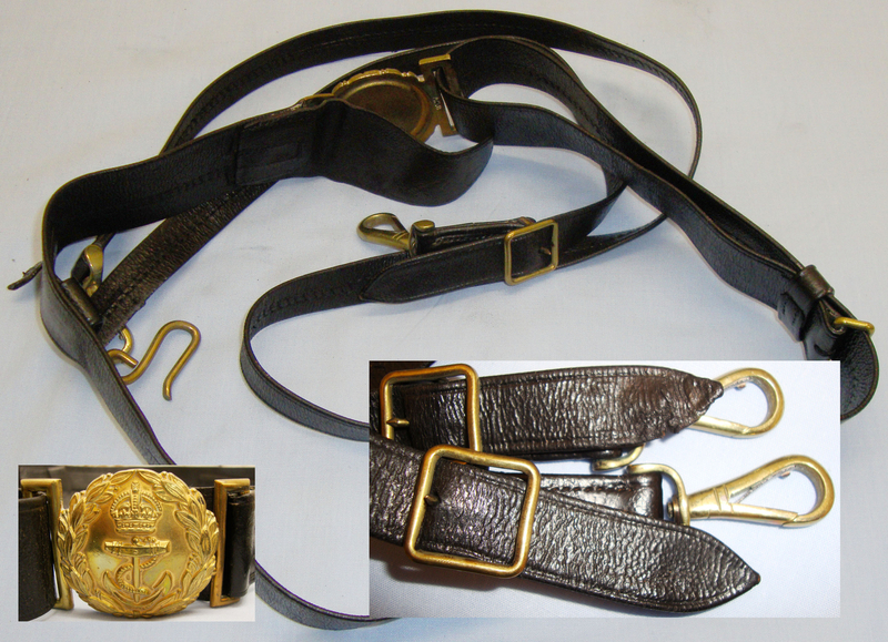Pre 1953* British WW1/WW2 Period Royal Navy Officer\'s  Leather Belt with Sword Hangers and King\'s Crown Gilt Brass Buckle. 19966:41. Pre 1953* British WW1/WW2 Period Royal Navy Officer\'s  Leather Belt with Sword Hangers and King\'s Crown Gilt Brass Buckle. 19966:41. Antique & Militaria