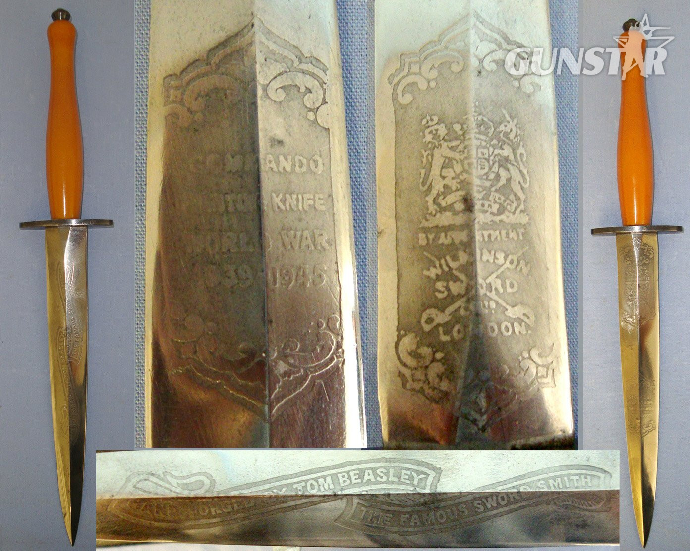 CASED****RARE**C1948 2 PANEL VERSION**Wilkinson Sword, Etched Banner ‘Hand Forged By Tom Beasley The Famous Sword Smith’ Fairbairn Sykes FS Fighting Knife With Correct 2 Etched & Blued Panels Hand Drawn Blade. Sn 21967:7 Knive in 