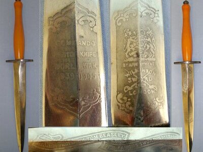 CASED****RARE**C1948 2 PANEL VERSION**Wilkinson Sword, Etched Banner ‘Hand Forged By Tom Beasley The Famous Sword Smith’ Fairbairn Sykes FS Fighting Knife With Correct 2 Etched & Blued Panels Hand Drawn Blade. Sn 21967:7 Knive