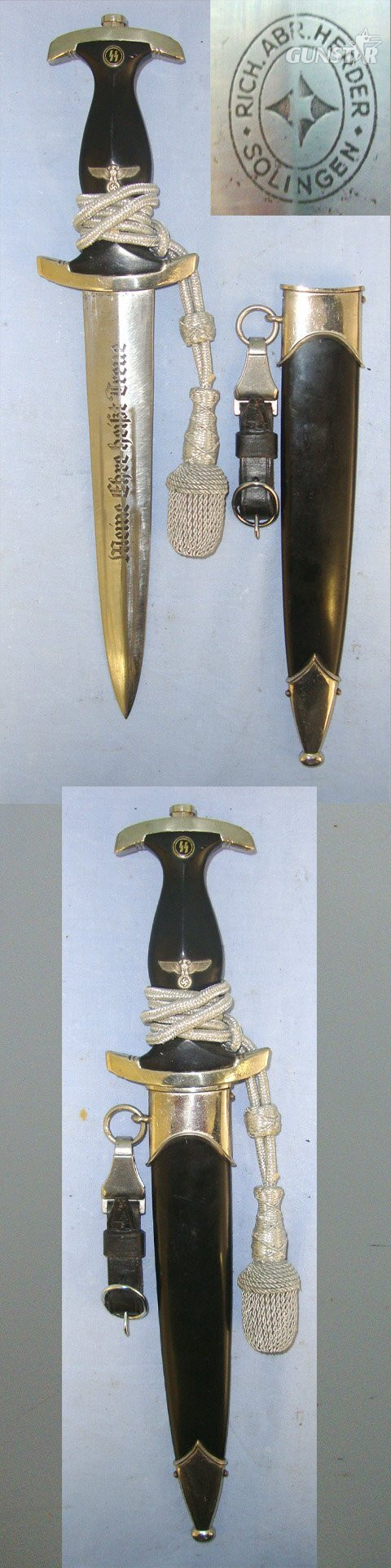 RARE**ORIGINAL**EARLY PRODUCTION**WW2 Era Nazi German Rich Abr. Herder, Solingen 1933 Pattern SS Man’s Dagger With SS Runes, Motto Etched Blade, Bullion Cord & Portepee & Scabbard With Early Assman DRGM Leather Tab Hanger. Sn 23484:11 Dagger in 