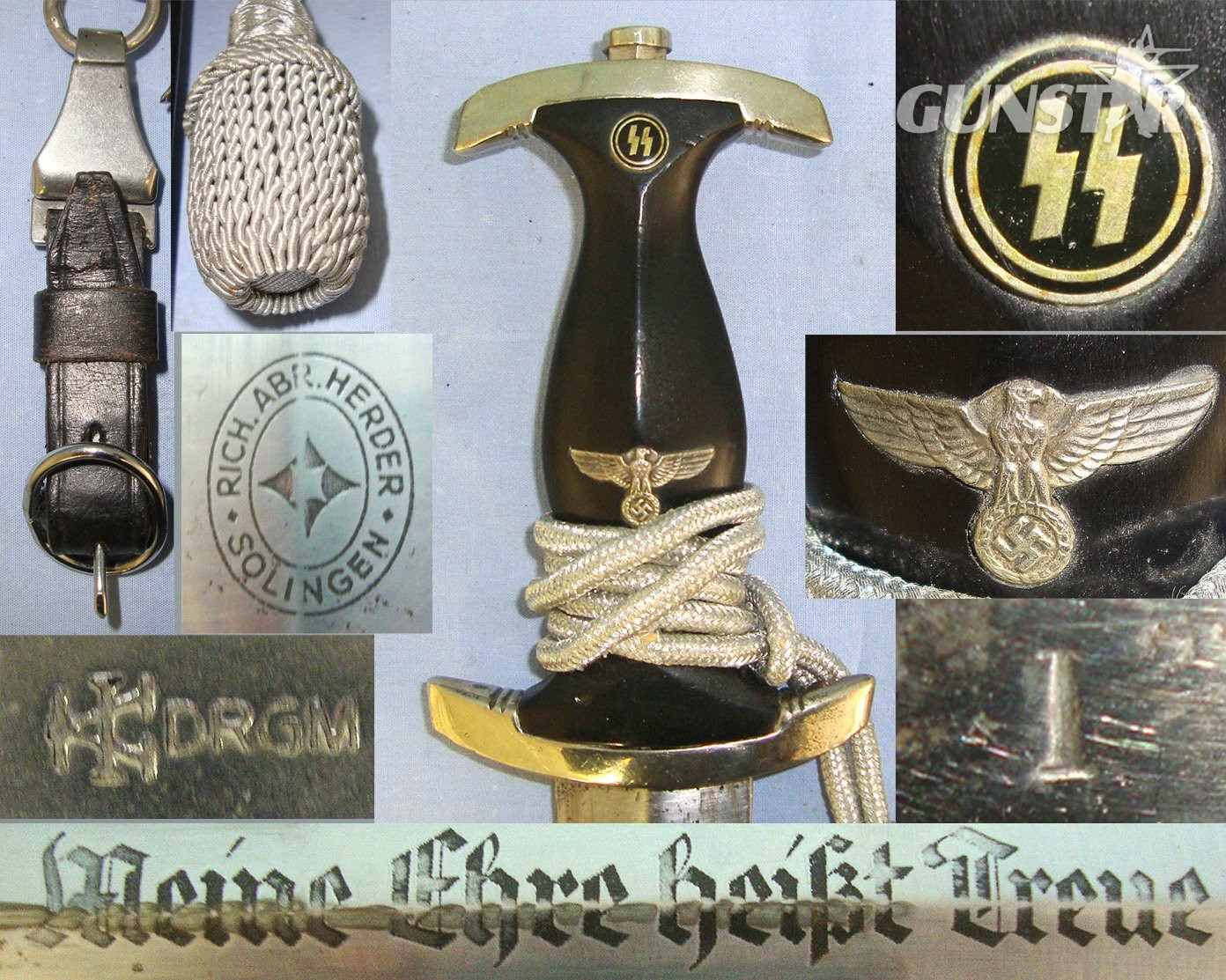 RARE**ORIGINAL**EARLY PRODUCTION**WW2 Era Nazi German Rich Abr. Herder, Solingen 1933 Pattern SS Man’s Dagger With SS Runes, Motto Etched Blade, Bullion Cord & Portepee & Scabbard With Early Assman DRGM Leather Tab Hanger. Sn 23484:11 Dagger