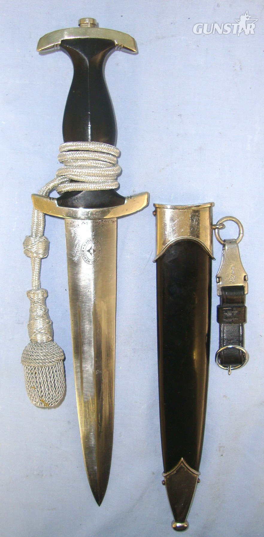  RARE**ORIGINAL**EARLY PRODUCTION**WW2 Era Nazi German Rich Abr. Herder, Solingen 1933 Pattern SS Man’s Dagger With SS Runes, Motto Etched Blade, Bullion Cord & Portepee & Scabbard With Early Assman DRGM Leather Tab Hanger. Sn 23484:11 Dagger