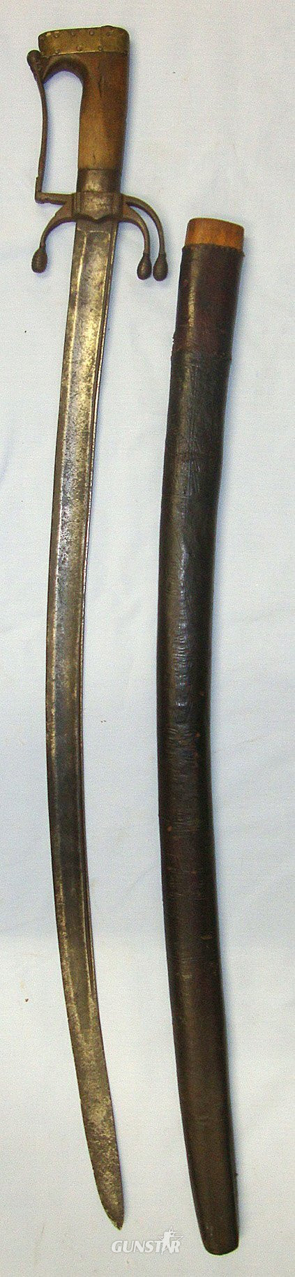 Early 19th Century Moroccan / Arab Nimcha Sabre Sword With Etched Blade & Rare To Find Original Tooled Leather Covered Wood Scabbard. ED 3028 Sword