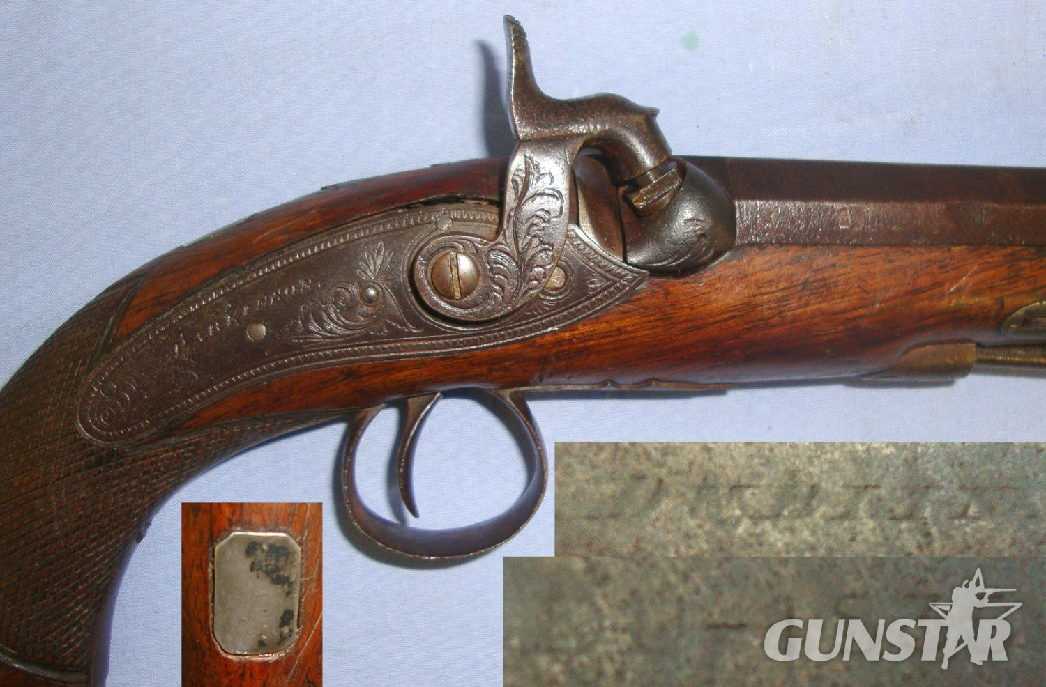 C1830 Irish Parkinson Dublin 22 Bore Percussion Traveling Pistol With C1843 Irish Registration Mark DU-1835 (Dublin), Fish Tail Stock, Octagonal Barrel & Captive Steel Ram Rod. Sn 22740 20 Bore/gauge Muzzleloader