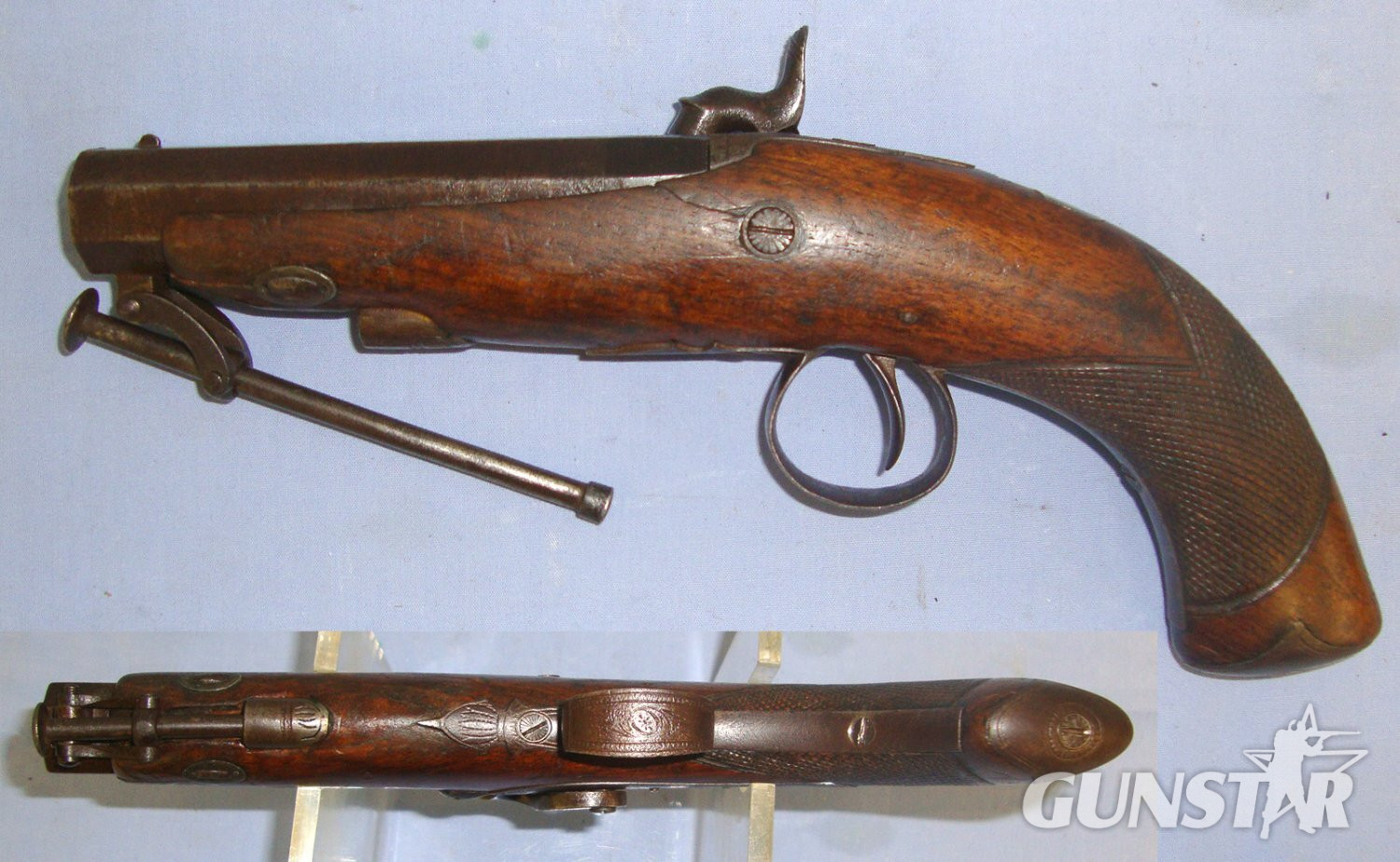  C1830 Irish Parkinson Dublin 22 Bore Percussion Traveling Pistol With C1843 Irish Registration Mark DU-1835 (Dublin), Fish Tail Stock, Octagonal Barrel & Captive Steel Ram Rod. Sn 22740 20 Bore/gauge Muzzleloader