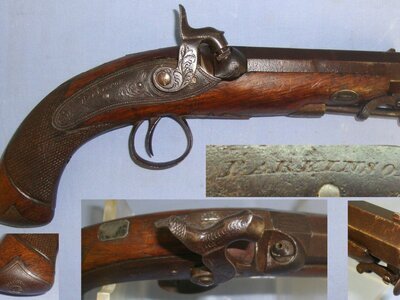 C1830 Irish Parkinson Dublin 22 Bore Percussion Traveling Pistol With C1843 Irish Registration Mark DU-1835 (Dublin), Fish Tail Stock, Octagonal Barrel & Captive Steel Ram Rod. Sn 22740 20 Bore/gauge Muzzleloader