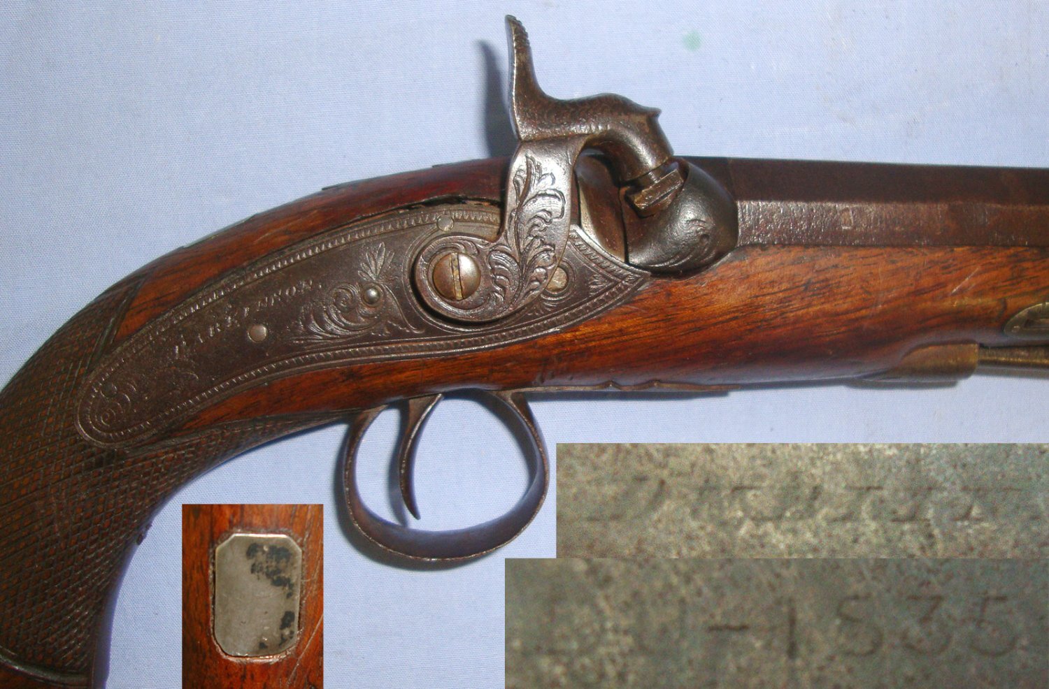 C1830 Irish Parkinson Dublin 22 Bore Percussion Traveling Pistol With C1843 Irish Registration Mark DU-1835 (Dublin), Fish Tail Stock, Octagonal Barrel & Captive Steel Ram Rod. Sn 22740 20 Bore/gauge Muzzleloader