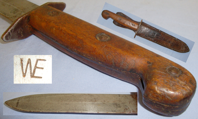 WWII Australian Wooden Gripped Combat Knife and Leather sheath. ED 2666. Dagger