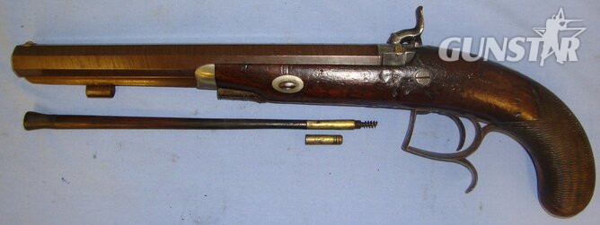English, C1840 Thomas Conway Manchester .500 Calibre Percussion Target / Dueling Pistol With Damascus Steel Octagonal Barrel & German Silver Mounts. Sn 21393:9 .50 Cal Muzzleloader Muzzleloader