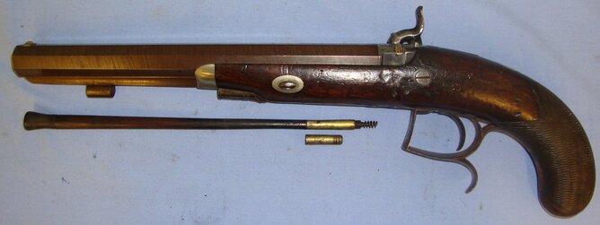 English, C1840 Thomas Conway Manchester .500 Calibre Percussion Target / Dueling Pistol With Damascus Steel Octagonal Barrel & German Silver Mounts. Sn 21393:9 .50 Cal Muzzleloader Muzzleloader