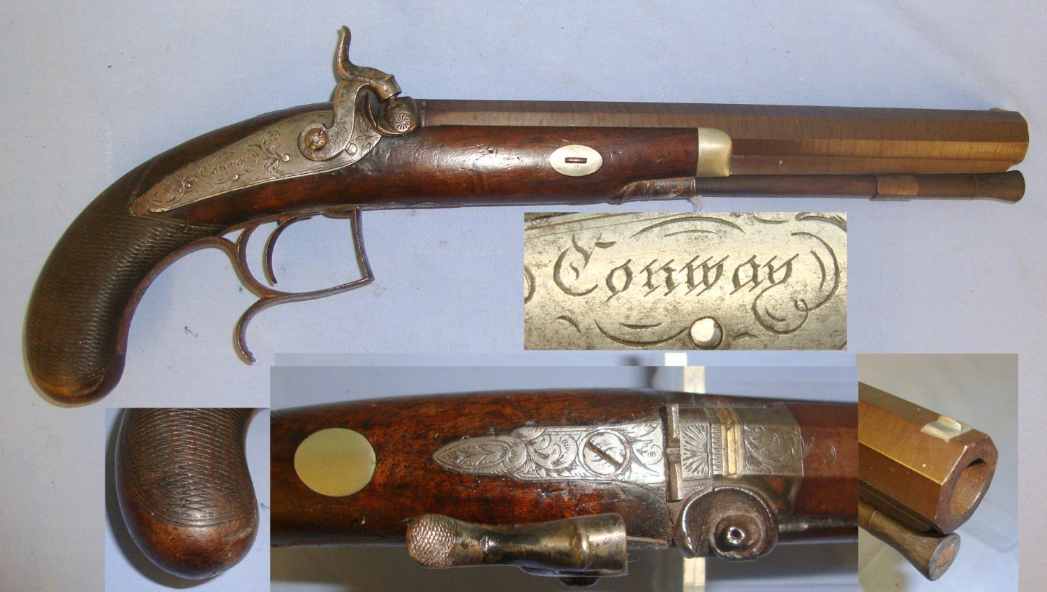  English, C1840 Thomas Conway Manchester .500 Calibre Percussion Target / Dueling Pistol With Damascus Steel Octagonal Barrel & German Silver Mounts. Sn 21393:9 .50 Cal Muzzleloader Muzzleloader
