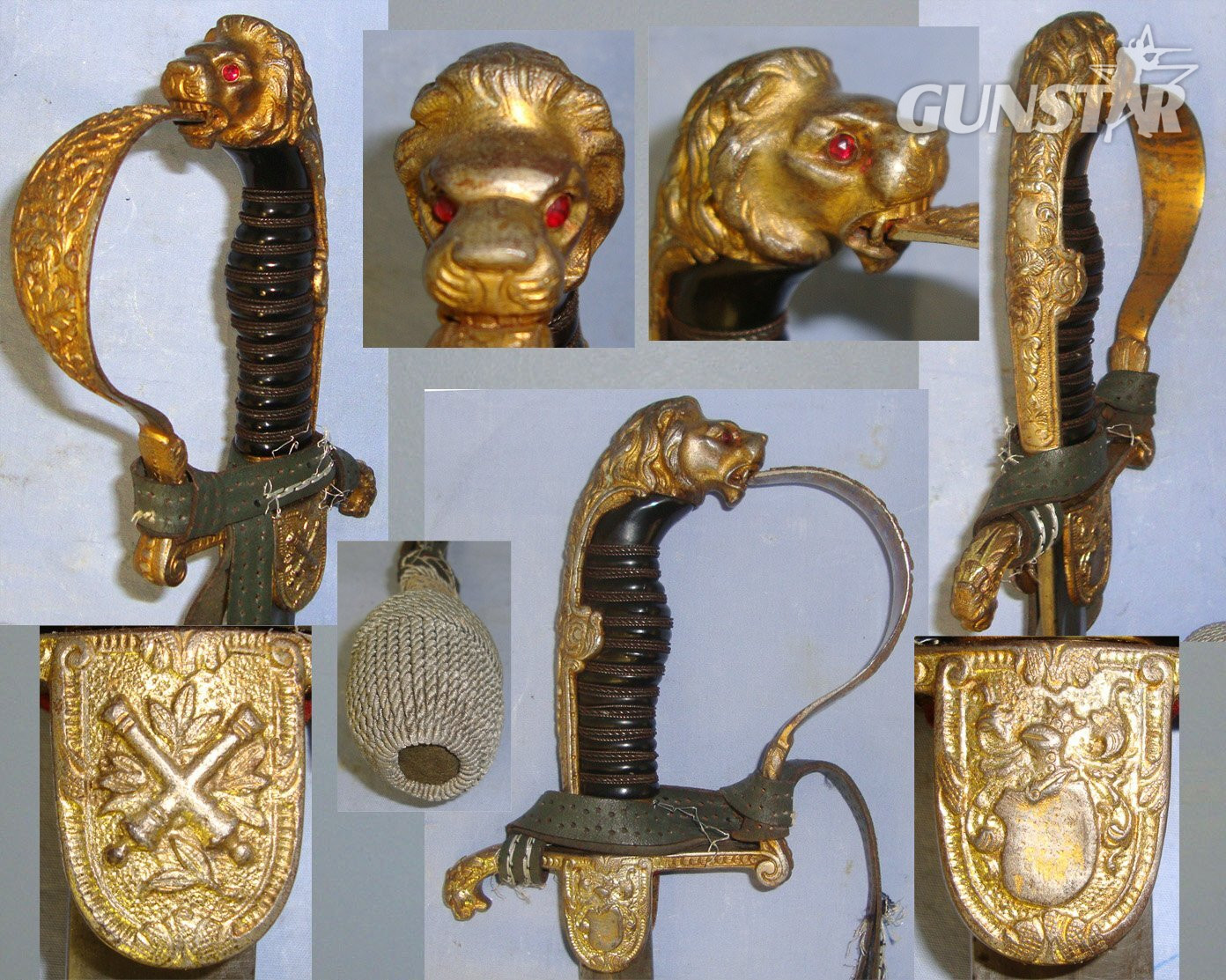 WW1 Era Imperial German Artillery Officer Dress Sword With Lion’s Head ‘Jewelled’ Eyes Pommel Officer’s Cord & Portepee & Scabbard. ED 3021 Sword