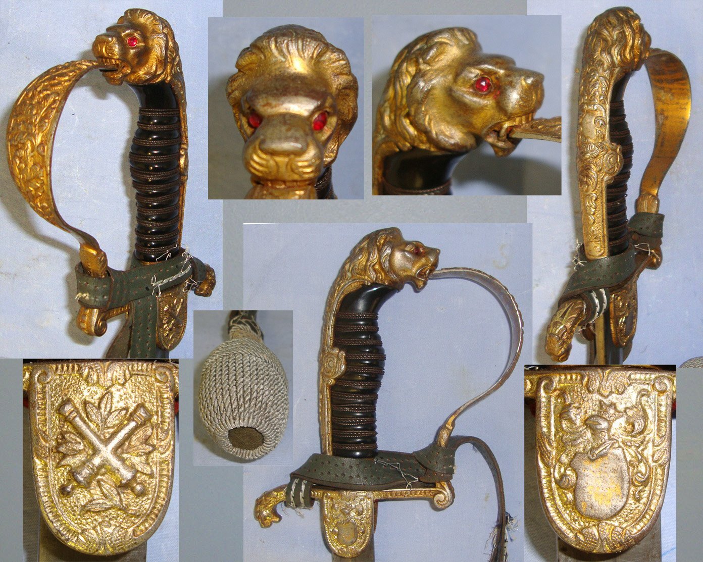 WW1 Era Imperial German Artillery Officer Dress Sword With Lion’s Head ‘Jewelled’ Eyes Pommel Officer’s Cord & Portepee & Scabbard. ED 3021 Sword