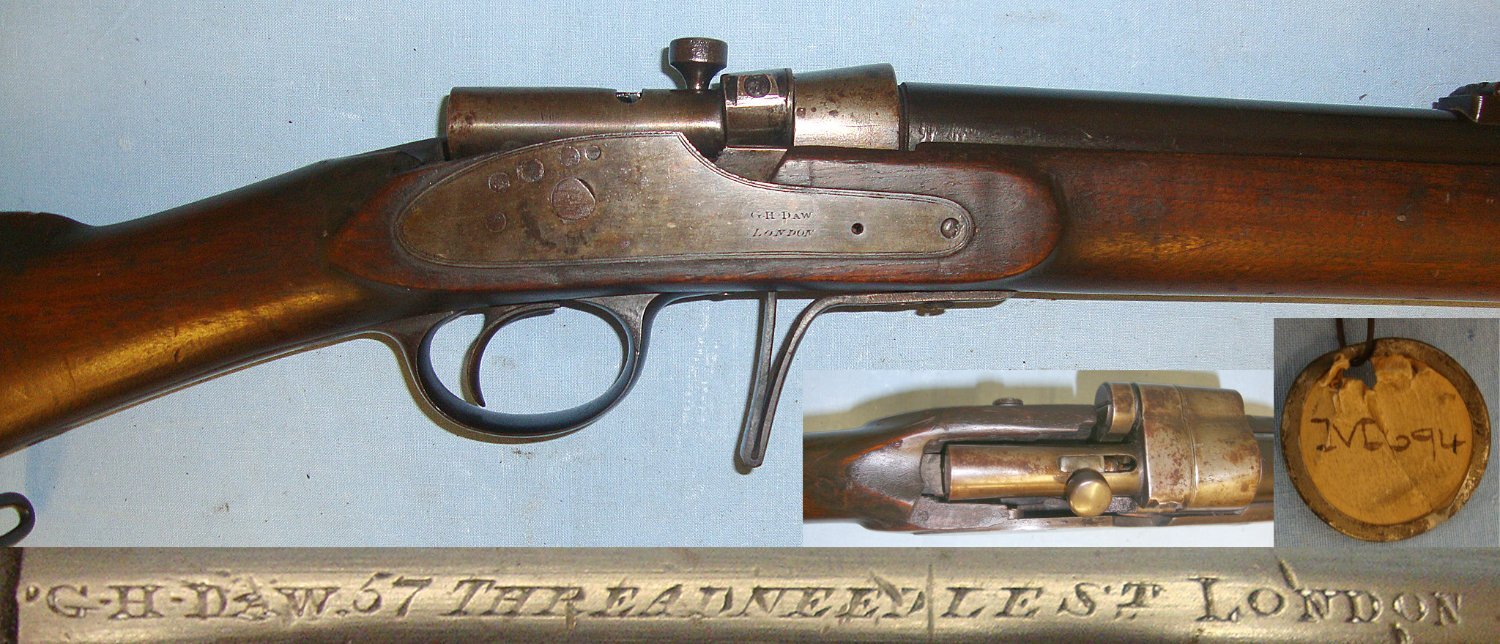 UNIQUE BREECH LOADING BOLT ACTION TRIALS RIFLE**MINT BORE**Victorian British George Henry Daw, London Enfield Pattern 1856 Muzzle Loading Rifle Converted to Breech Loading Bolt Action .577 Obsolete Calibre. Sn 18023  rifle Single Shot .577 Rifle
