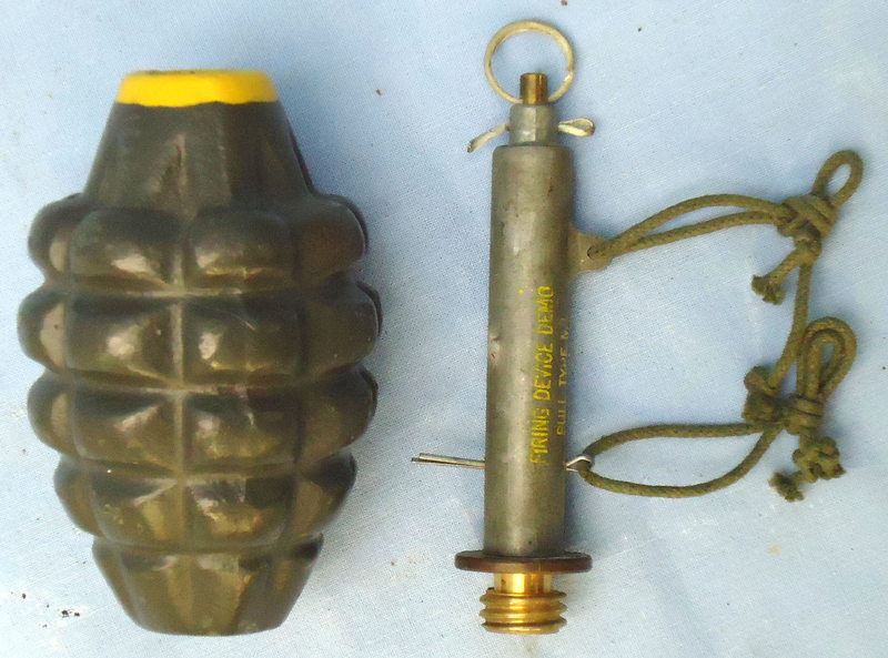 INERT DEACTIVATED. Original WW2 Training American Pineapple Mk 2 High Explosive Hand Grenade With Type M Demonstrating Booby Trap Switch. - O 1697 INERT DEACTIVATED. Original WW2 Training American Pineapple Mk 2 High Explosive Hand Grenade With Type M Demonstrating Booby Trap Switch. - O 1697  Other Ammunition