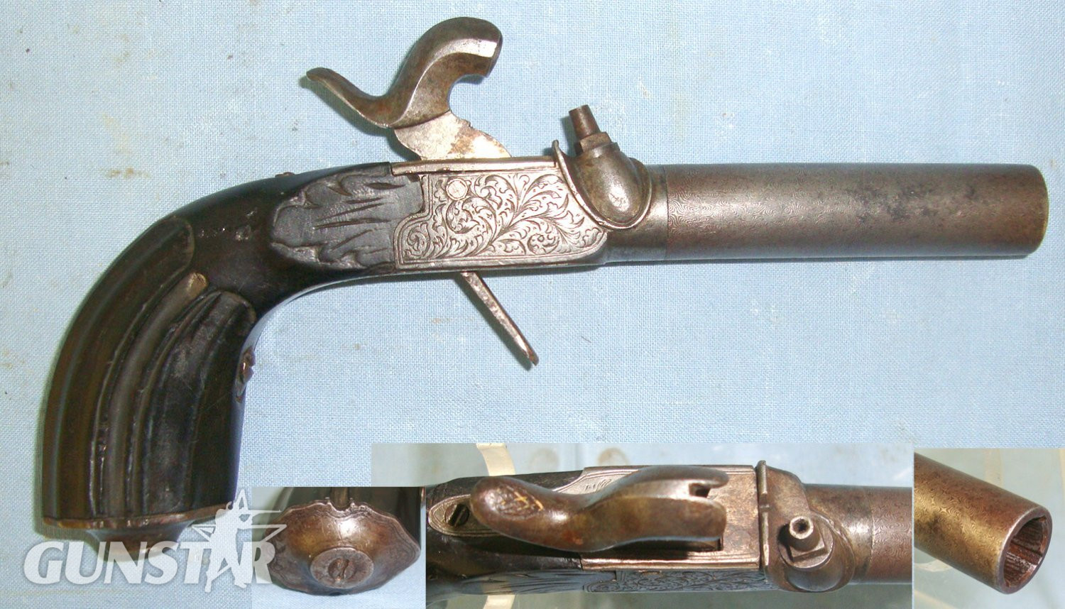 C1830 Liege Belgium 38 Bore Percussion Pocket Pistol With Screw Off Damascus Steel Rifled Barrel & Folding Concealed Trigger. Sn 22426:47 .38 Muzzleloader in 