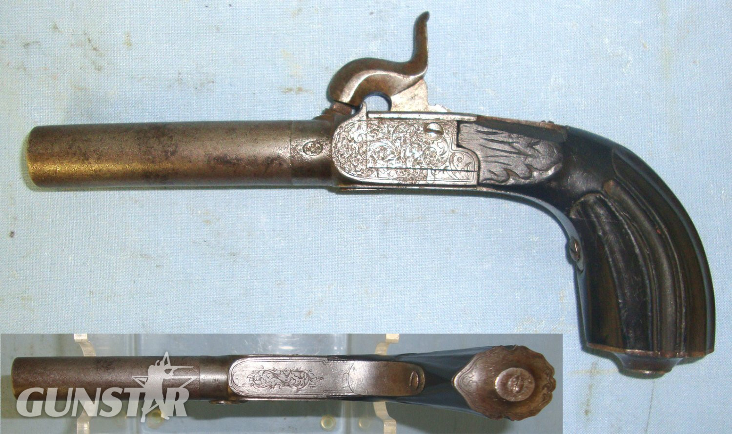 C1830 Liege Belgium 38 Bore Percussion Pocket Pistol With Screw Off Damascus Steel Rifled Barrel & Folding Concealed Trigger. Sn 22426:47 .38 Muzzleloader