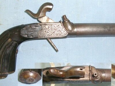 C1830 Liege Belgium 38 Bore Percussion Pocket Pistol With Screw Off Damascus Steel Rifled Barrel & Folding Concealed Trigger. Sn 22426:47 .38 Muzzleloader