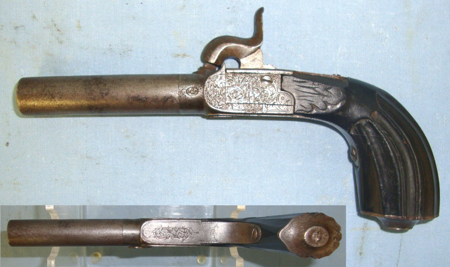 C1830 Liege Belgium 38 Bore Percussion Pocket Pistol With Screw Off Damascus Steel Rifled Barrel & Folding Concealed Trigger. Sn 22426:47 .38 Muzzleloader