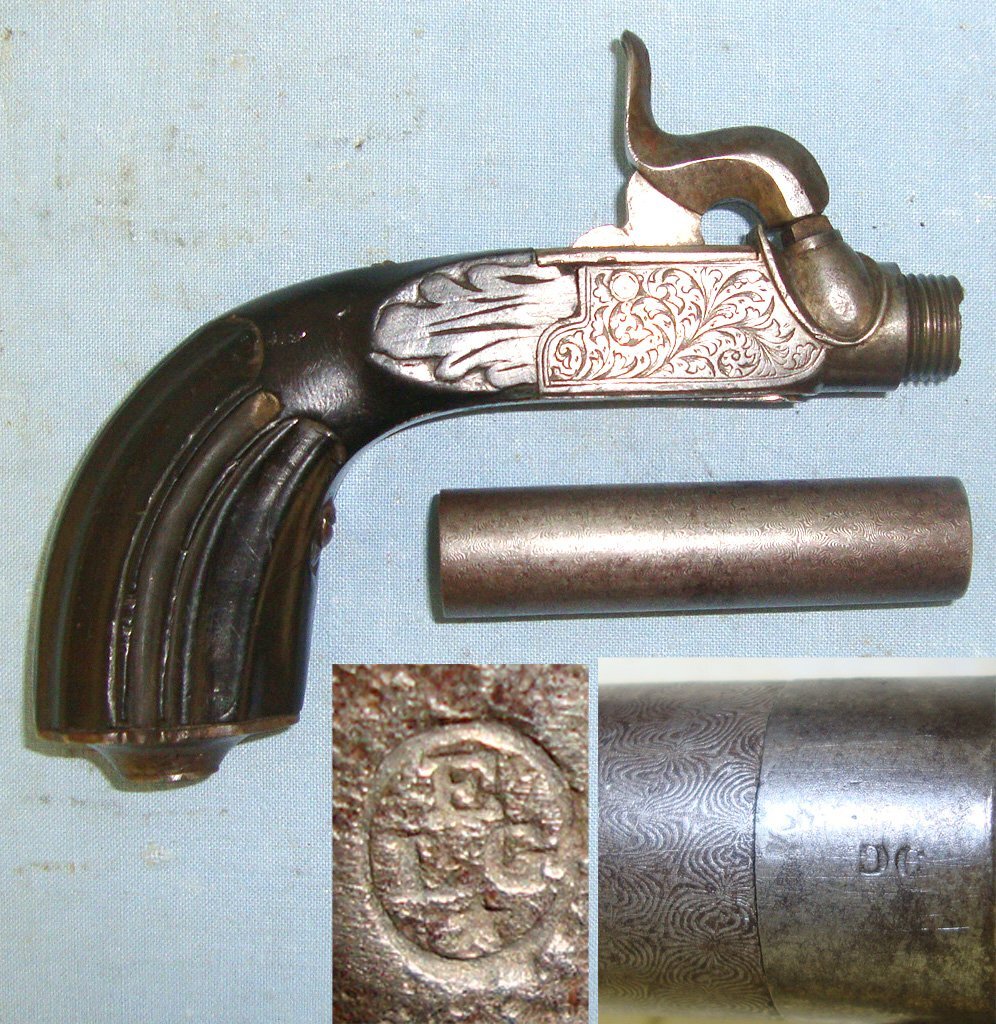  C1830 Liege Belgium 38 Bore Percussion Pocket Pistol With Screw Off Damascus Steel Rifled Barrel & Folding Concealed Trigger. Sn 22426:47 .38 Muzzleloader