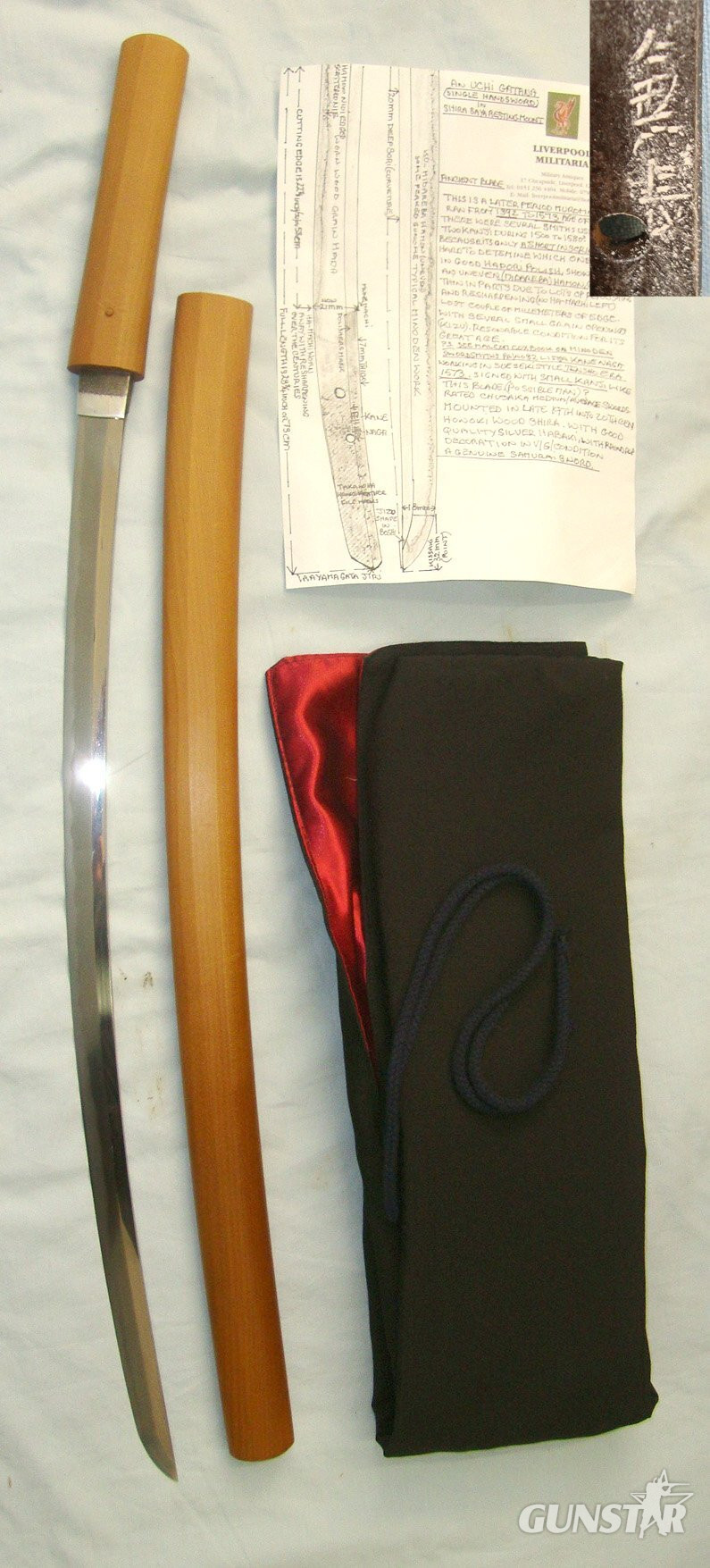 ANCIENT 1500-1580 MUROMACHI AGE OF WAR PERIOD**Japanese Samurai Uchi Gatana Single Hand Sword Blade Smith Signed ‘KANE NAGA’ In Protective Honoki Wood Shira Saya Resting Mounts, Later Cloth Cover Carry Bag & Expert Assessment. Sn 22591 Sword in 