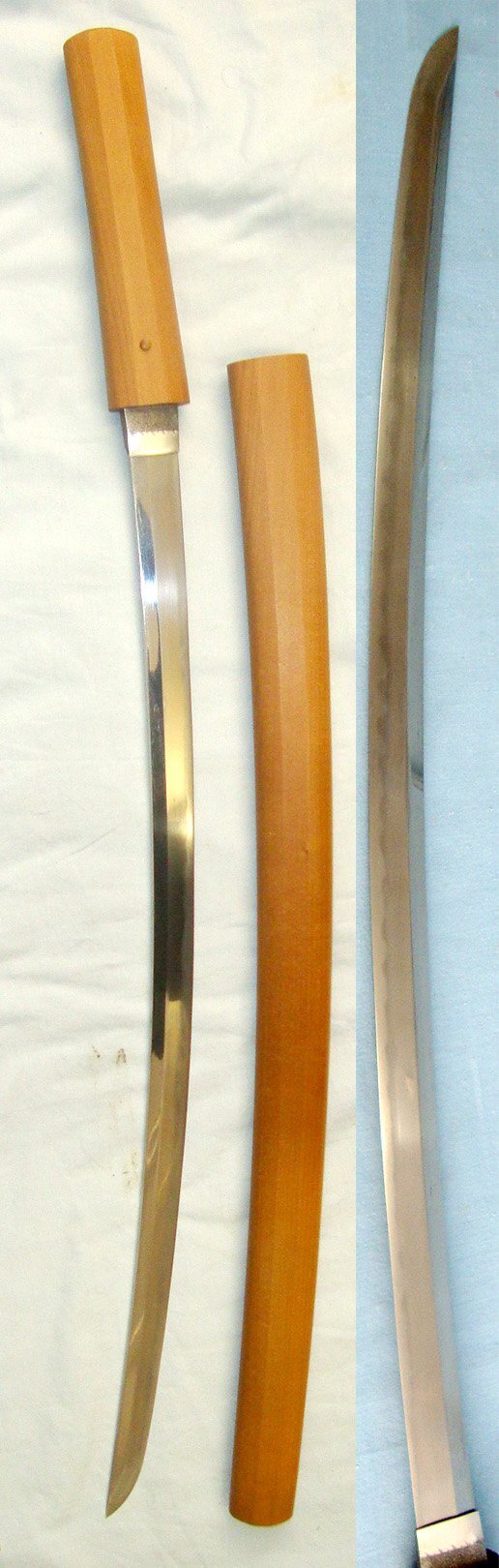  ANCIENT 1500-1580 MUROMACHI AGE OF WAR PERIOD**Japanese Samurai Uchi Gatana Single Hand Sword Blade Smith Signed ‘KANE NAGA’ In Protective Honoki Wood Shira Saya Resting Mounts, Later Cloth Cover Carry Bag & Expert Assessment. Sn 22591 Sword