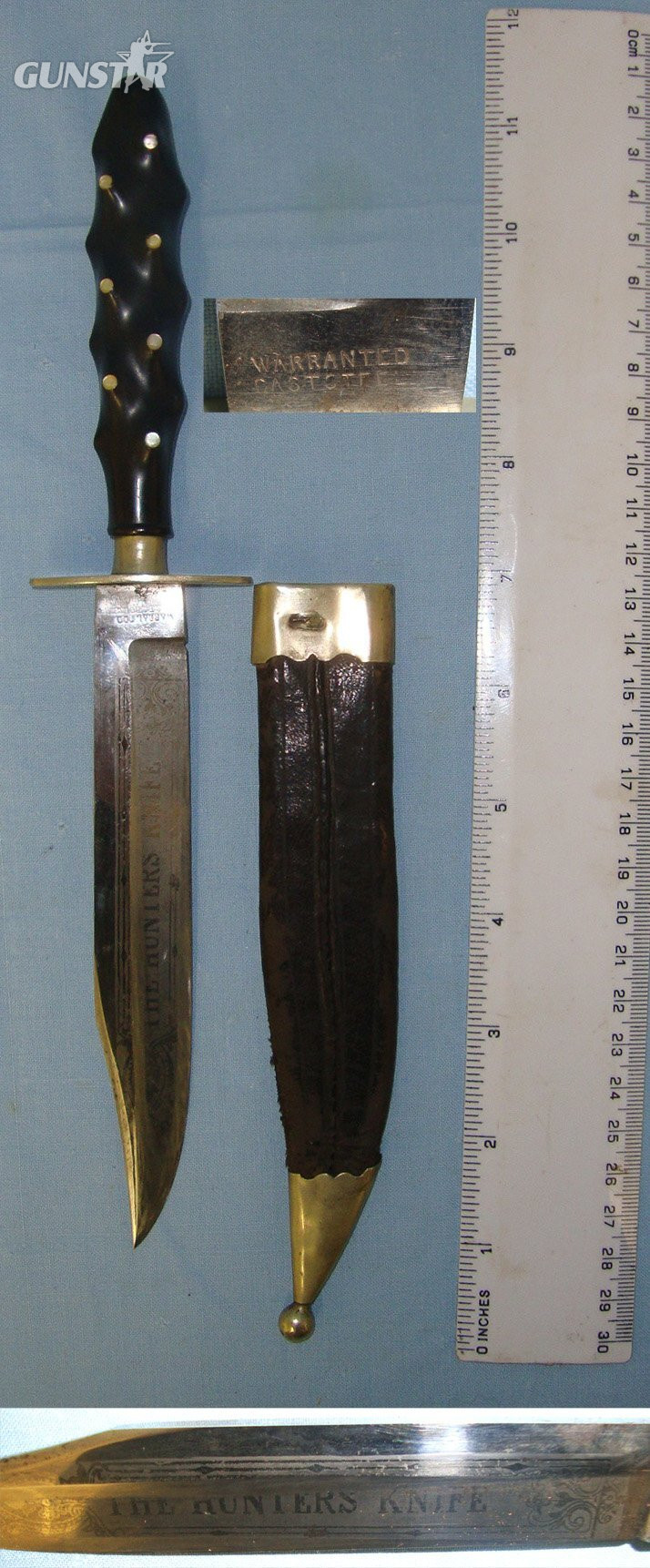Victorian Era ‘The Hunter’s Knife’ Bowie With Ebony Handle Inlaid With Mother Of Pearl Studs Warranted Steel Blade With Blued & Etched Panel & German Silver Mounted Leather Scabbard. Sn 22164:1 Hunting Knive in 