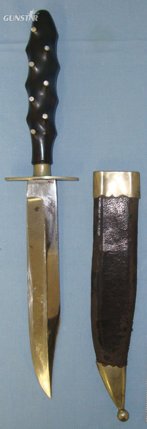  Victorian Era ‘The Hunter’s Knife’ Bowie With Ebony Handle Inlaid With Mother Of Pearl Studs Warranted Steel Blade With Blued & Etched Panel & German Silver Mounted Leather Scabbard. Sn 22164:1 Hunting Knive