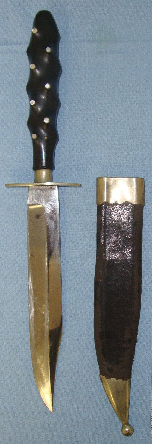  Victorian Era ‘The Hunter’s Knife’ Bowie With Ebony Handle Inlaid With Mother Of Pearl Studs Warranted Steel Blade With Blued & Etched Panel & German Silver Mounted Leather Scabbard. Sn 22164:1 Hunting Knive