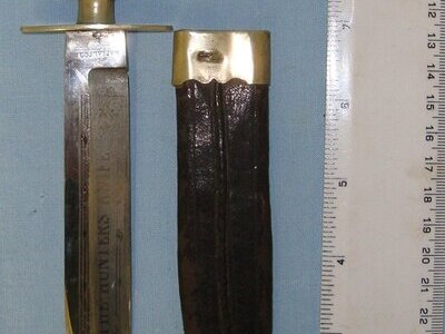 Victorian Era ‘The Hunter’s Knife’ Bowie With Ebony Handle Inlaid With Mother Of Pearl Studs Warranted Steel Blade With Blued & Etched Panel & German Silver Mounted Leather Scabbard. Sn 22164:1 Hunting Knive