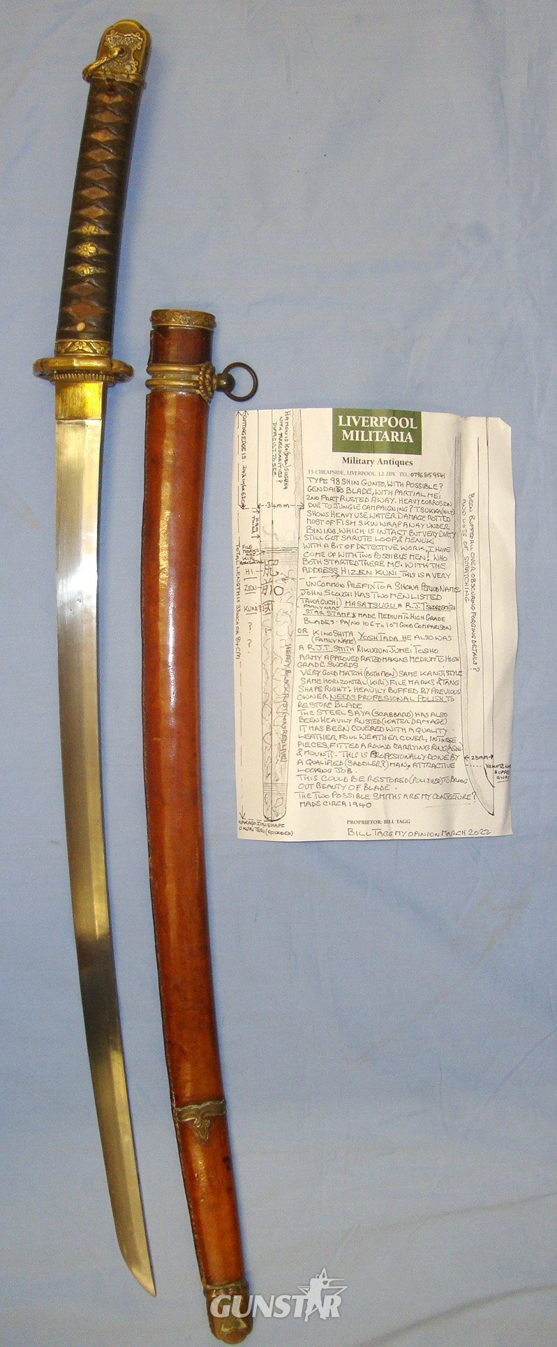 Early WW2 Japanese Army Officer’s Type 98 Shin Gunto Sword With Patial Smith Signature ‘HIZEN KUNI’ (Possible Gendaito) , Scabbard & Expert Assessment. Sn 19377:4 Sword in 