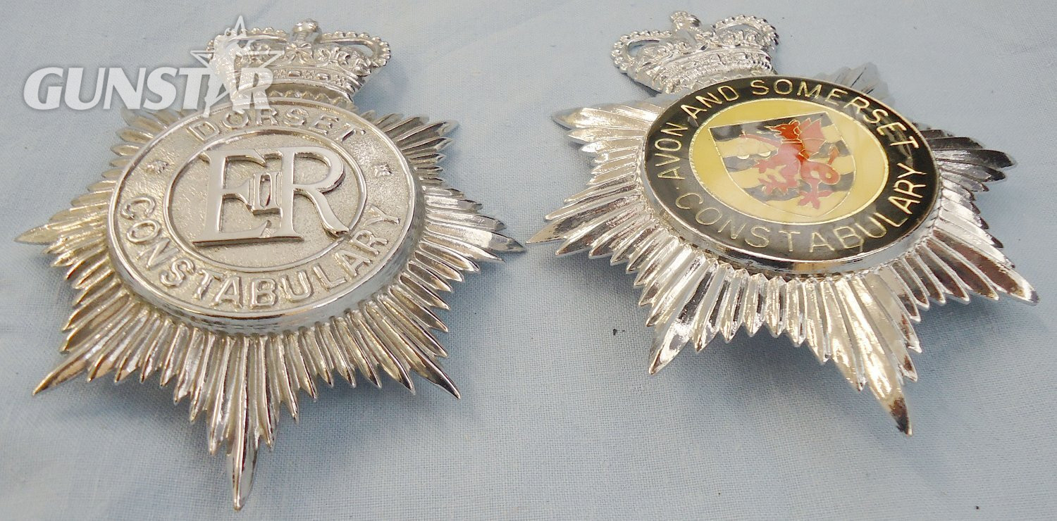  Pair* Dorset Constabulary & Avon and Somerset Constabulary Helmet Plates. BA 887. Pair* Dorset Constabulary & Avon and Somerset Constabulary Helmet Plates. BA 887.  Antique & Militaria