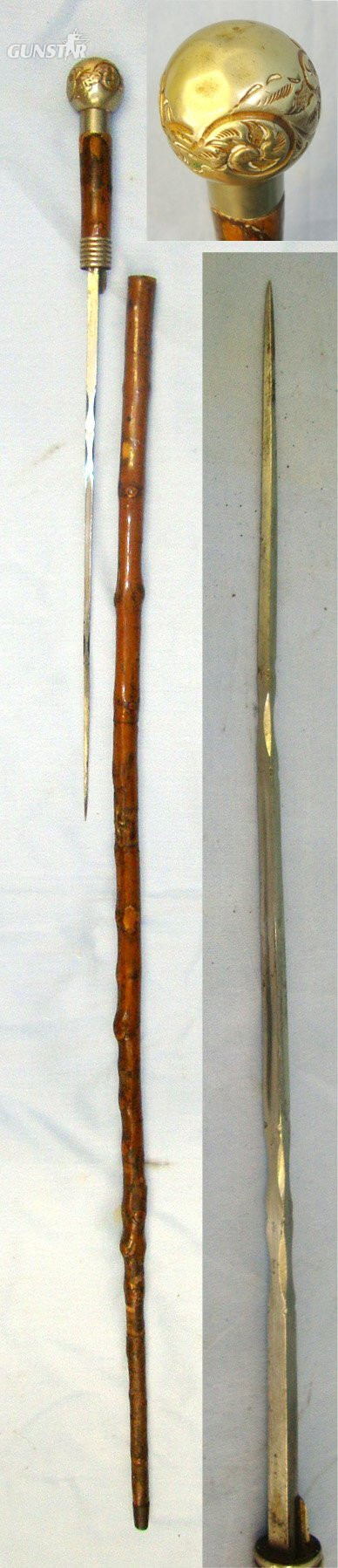Victorian Era English Gentleman’s Cane Dagger / Sword Stick With Foliate Decorated German Silver Ball Top Handle & Brass Ferrule With Push Button Scabbard Locking Catch. Sn 22663 Sword in 