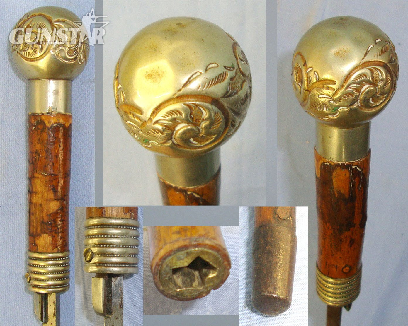 Victorian Era English Gentleman’s Cane Dagger / Sword Stick With Foliate Decorated German Silver Ball Top Handle & Brass Ferrule With Push Button Scabbard Locking Catch. Sn 22663 Sword