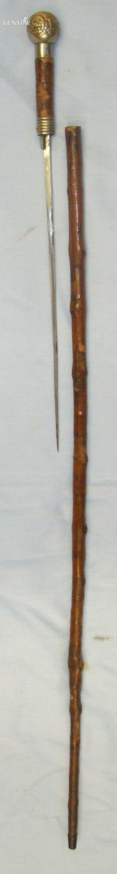  Victorian Era English Gentleman’s Cane Dagger / Sword Stick With Foliate Decorated German Silver Ball Top Handle & Brass Ferrule With Push Button Scabbard Locking Catch. Sn 22663 Sword