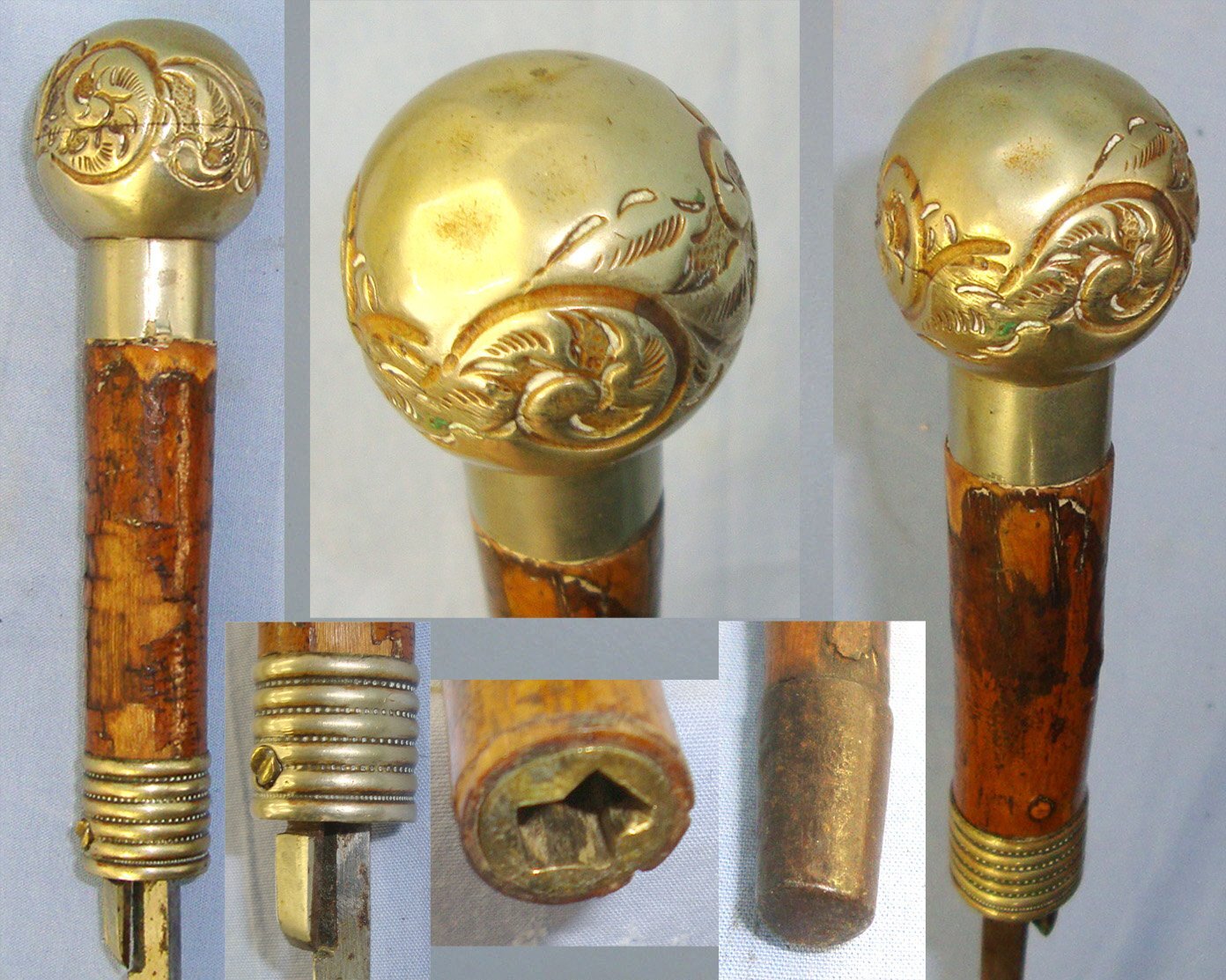 Victorian Era English Gentleman’s Cane Dagger / Sword Stick With Foliate Decorated German Silver Ball Top Handle & Brass Ferrule With Push Button Scabbard Locking Catch. Sn 22663 Sword