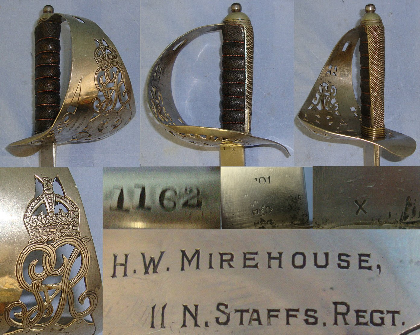 NAMED**Boer War 1901 Dated Blade & WW1 Era British George V 1897 Pattern Sword Guard Engraved To ‘H.W. Mirehouse II N. Staffs Regt’ (2nd Battalion Prince of Wales's (North Staffordshire) Regiment) With Field Service Scabbard & Frog. Sn 23484:88 Sword