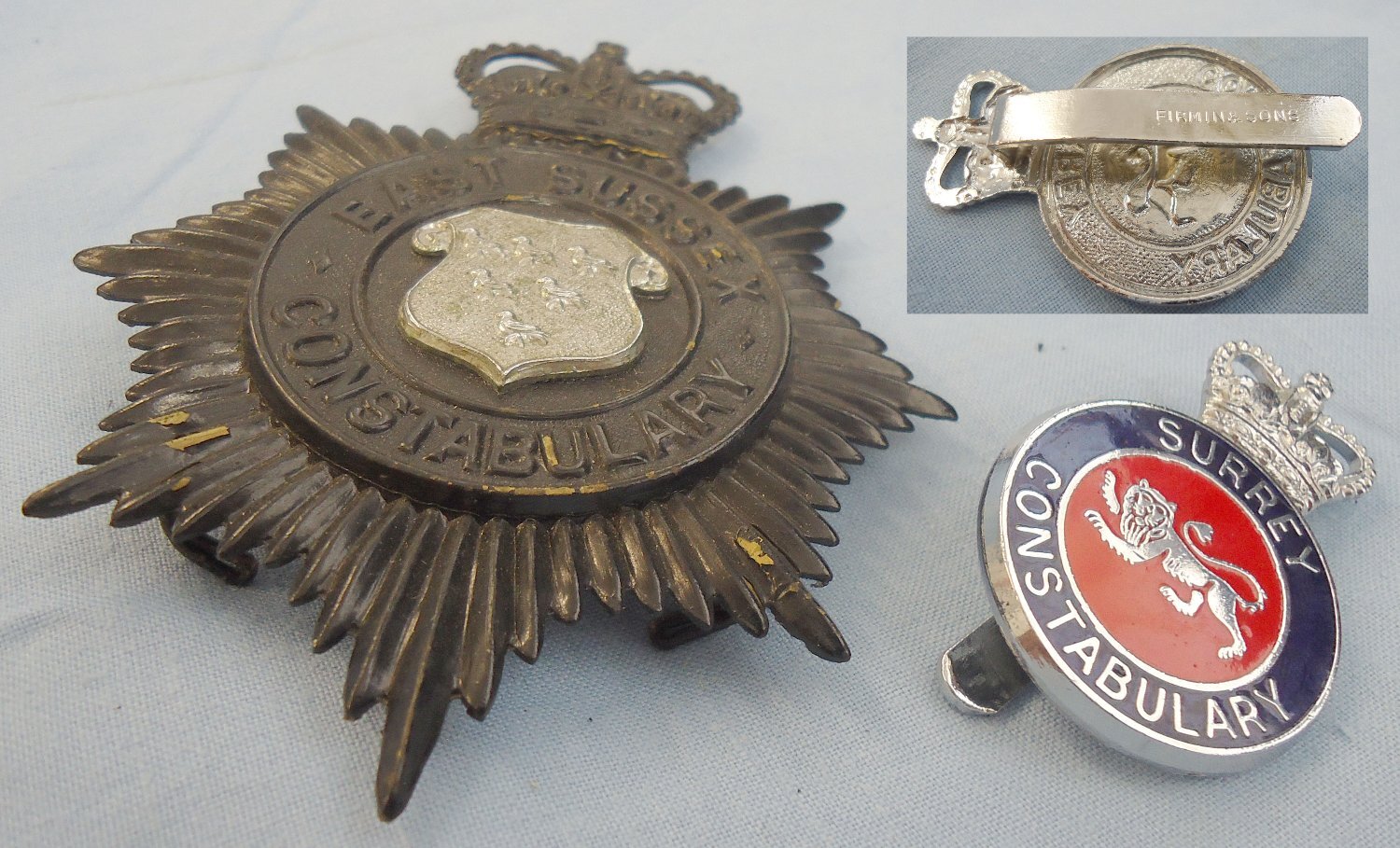  Pair* Surrey Constabulary Cap Badge & East Sussex Constabulary Helmet ‘Firmin & Sons’ Plate. BA 886. Pair* Surrey Constabulary Cap Badge & East Sussex Constabulary Helmet ‘Firmin & Sons’ Plate. BA 886.  Antique & Militaria