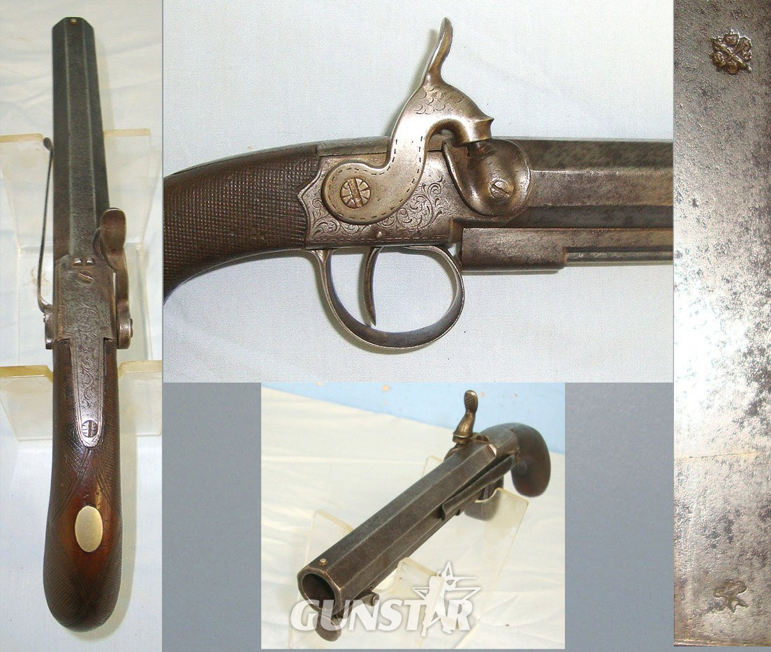 C1850’s English Frederick Barnes & Co London Steel Frame 16 Bore Muzzle Loading Percussion Traveling Belt Pistol With Octagonal Barrel & Captive Steel Ramrod. Sn 23594 percussion pistol 16 Bore/gauge Muzzleloader in 