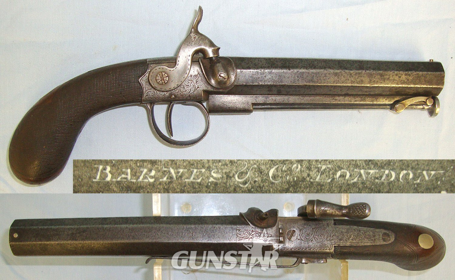 C1850’s English Frederick Barnes & Co London Steel Frame 16 Bore Muzzle Loading Percussion Traveling Belt Pistol With Octagonal Barrel & Captive Steel Ramrod. Sn 23594 percussion pistol 16 Bore/gauge Muzzleloader