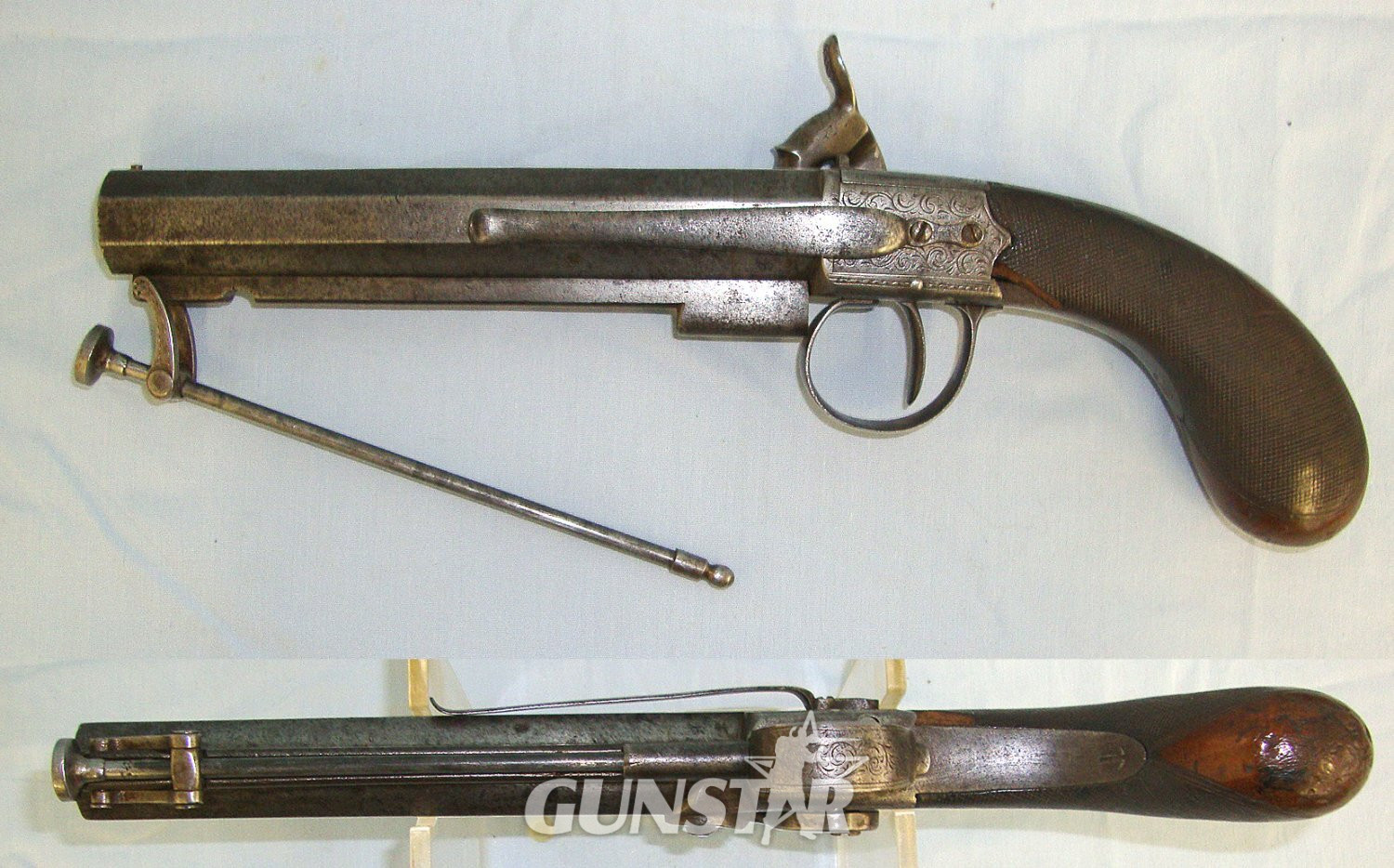  C1850’s English Frederick Barnes & Co London Steel Frame 16 Bore Muzzle Loading Percussion Traveling Belt Pistol With Octagonal Barrel & Captive Steel Ramrod. Sn 23594 percussion pistol 16 Bore/gauge Muzzleloader