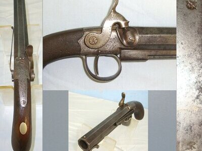 C1850’s English Frederick Barnes & Co London Steel Frame 16 Bore Muzzle Loading Percussion Traveling Belt Pistol With Octagonal Barrel & Captive Steel Ramrod. Sn 23594 percussion pistol 16 Bore/gauge Muzzleloader