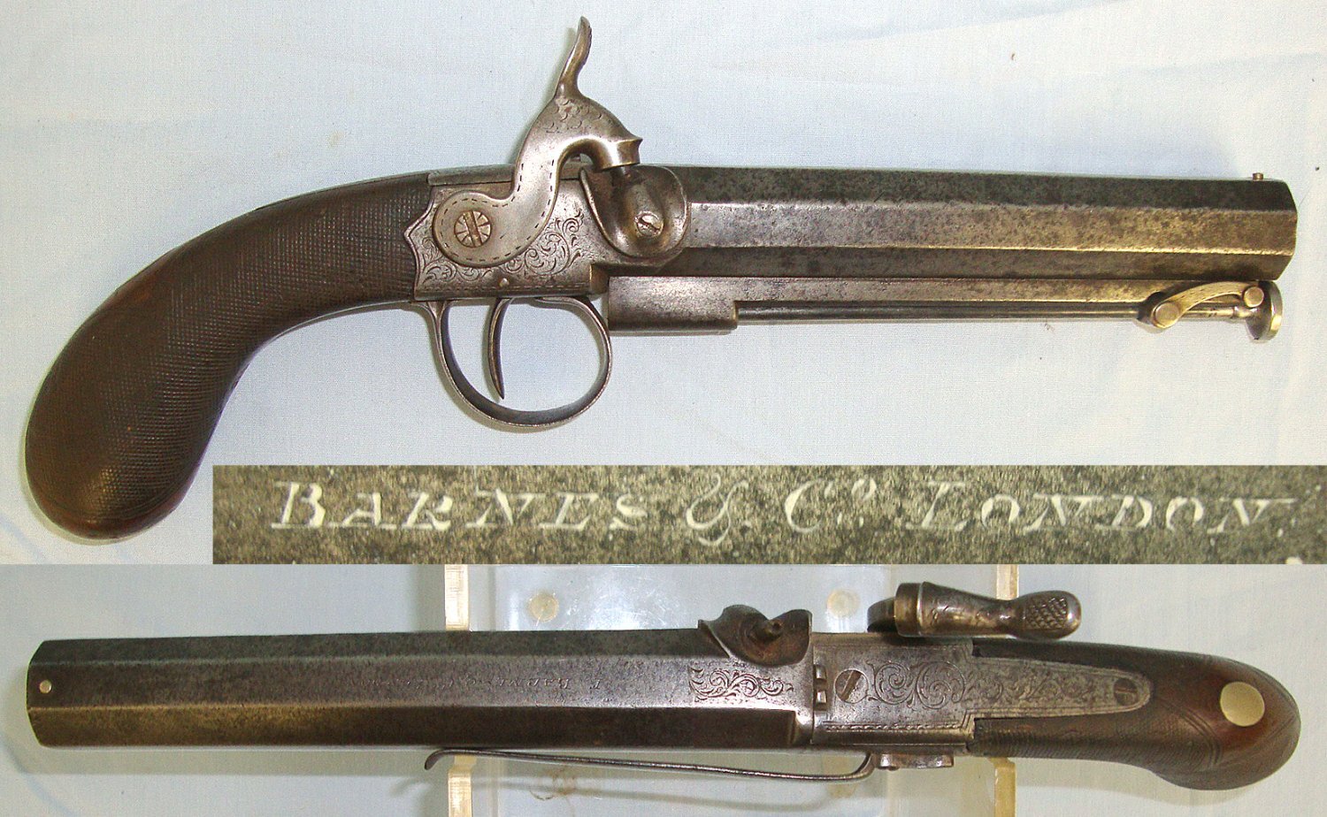 C1850’s English Frederick Barnes & Co London Steel Frame 16 Bore Muzzle Loading Percussion Traveling Belt Pistol With Octagonal Barrel & Captive Steel Ramrod. Sn 23594 percussion pistol 16 Bore/gauge Muzzleloader