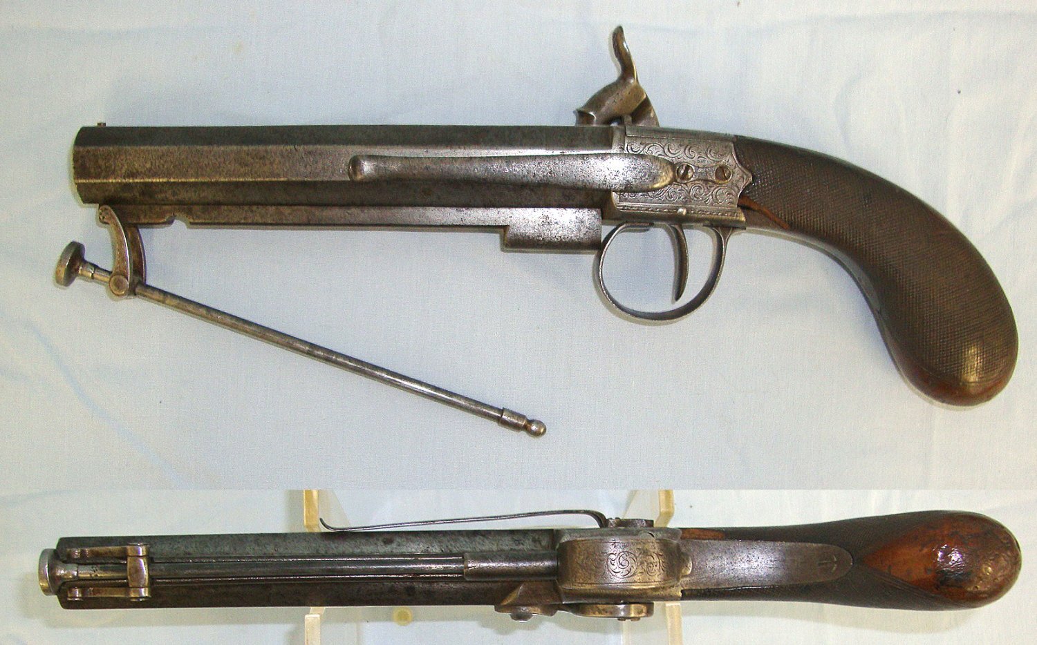  C1850’s English Frederick Barnes & Co London Steel Frame 16 Bore Muzzle Loading Percussion Traveling Belt Pistol With Octagonal Barrel & Captive Steel Ramrod. Sn 23594 percussion pistol 16 Bore/gauge Muzzleloader