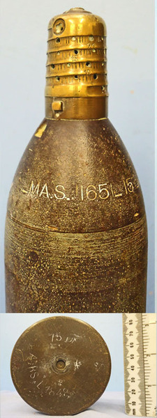 DEACTIVATED INERT. French, WW1, Fired 75mm Mle 1897 Field Gun Shrapnel Round. - O 1842 DEACTIVATED INERT. French, WW1, Fired 75mm Mle 1897 Field Gun Shrapnel Round. - O 1842  Other Ammunition