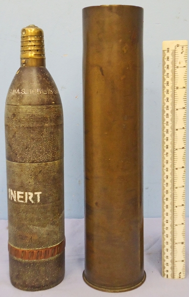  DEACTIVATED INERT. French, WW1, Fired 75mm Mle 1897 Field Gun Shrapnel Round. - O 1842 DEACTIVATED INERT. French, WW1, Fired 75mm Mle 1897 Field Gun Shrapnel Round. - O 1842  Other Ammunition